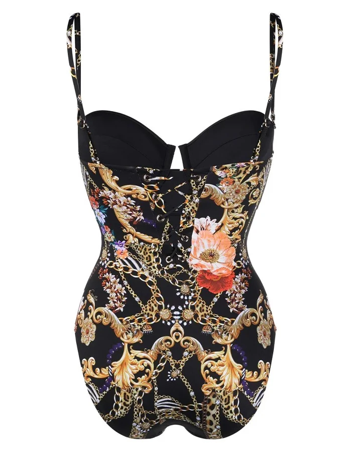 Цельный купальник с винтажным цветочным принтом летний купальный костюм для