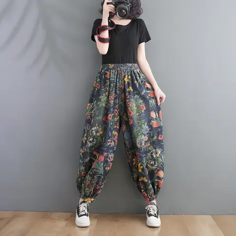Western Style Female Vintage Floral Jeans Woman Spring Flower Cowboy Harem Pants Loose Elastic Waist Ethnic Boho Trousers Pocket