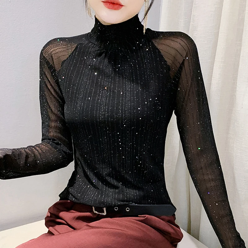 Осень-зима женская футболка с длинными рукавами элегантная тонкая водолазка