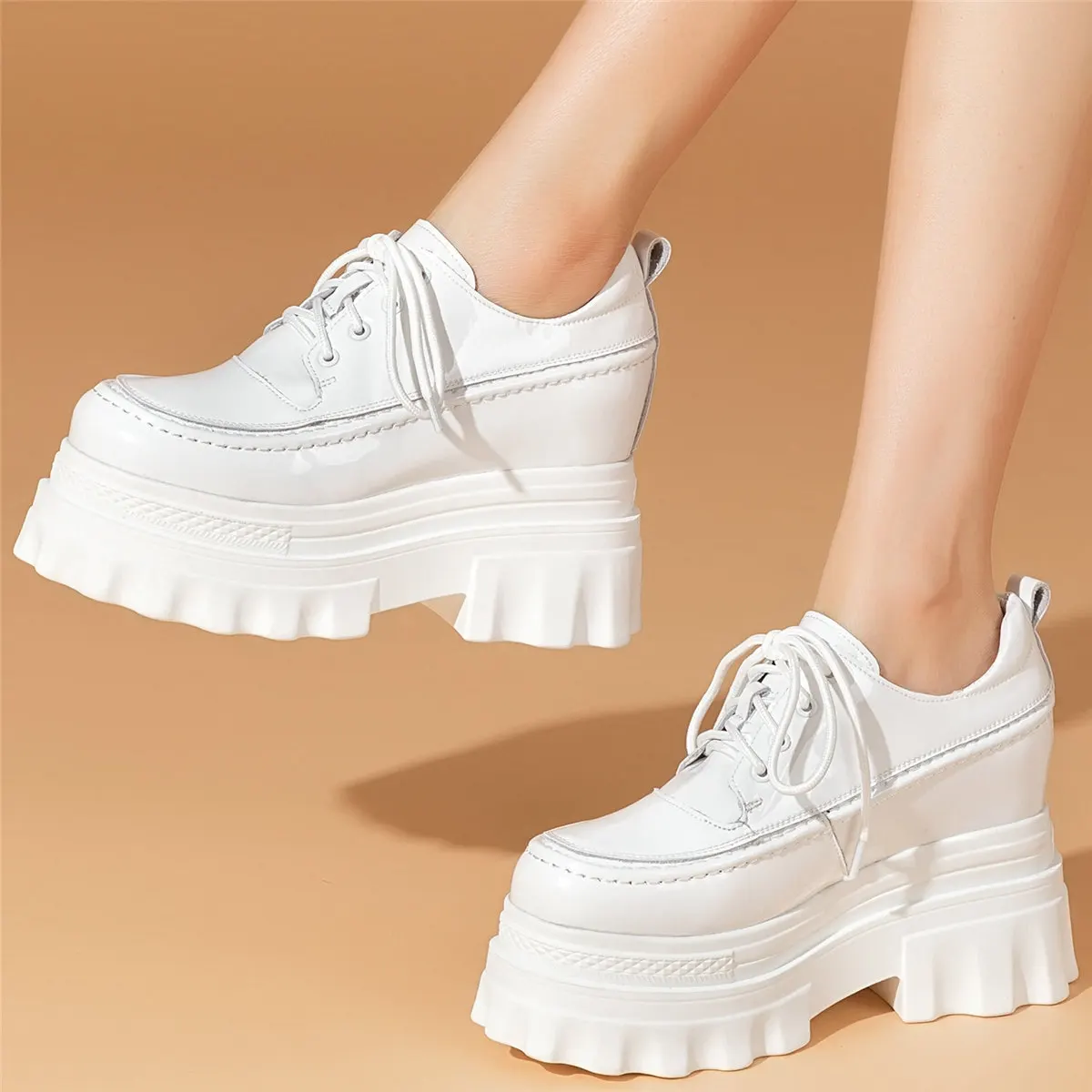 2022 Fashion Sneakers Women Lace Up Genuine Leather High Heel Ankle Boots Female Round Toe Chunky Platform Pumps Casual Shoes