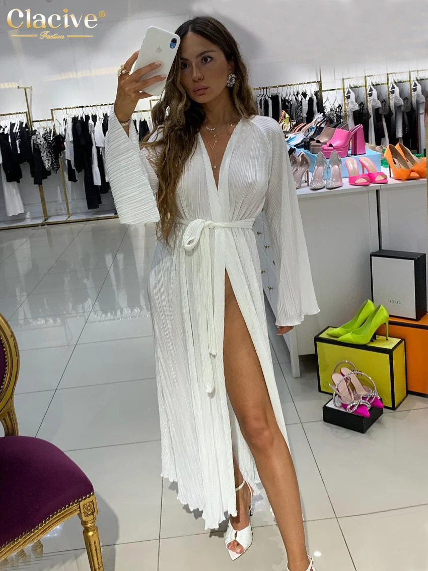 

Clacive Sexy Black Pleated Dress Ladies Bodycon Belt Lace-Up Long Sleeve Midi Dress Elegant Slit Party Dresses For Women 2022