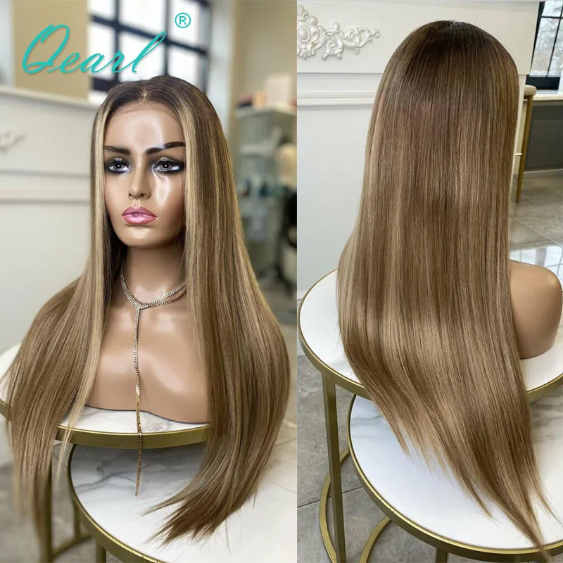 360 Lace Frontal Wig Straight Full Lace Wigs for Women Honey Blonde Light Ash Brown Highlights 13x6 Lace Front Wig 150% Qearl