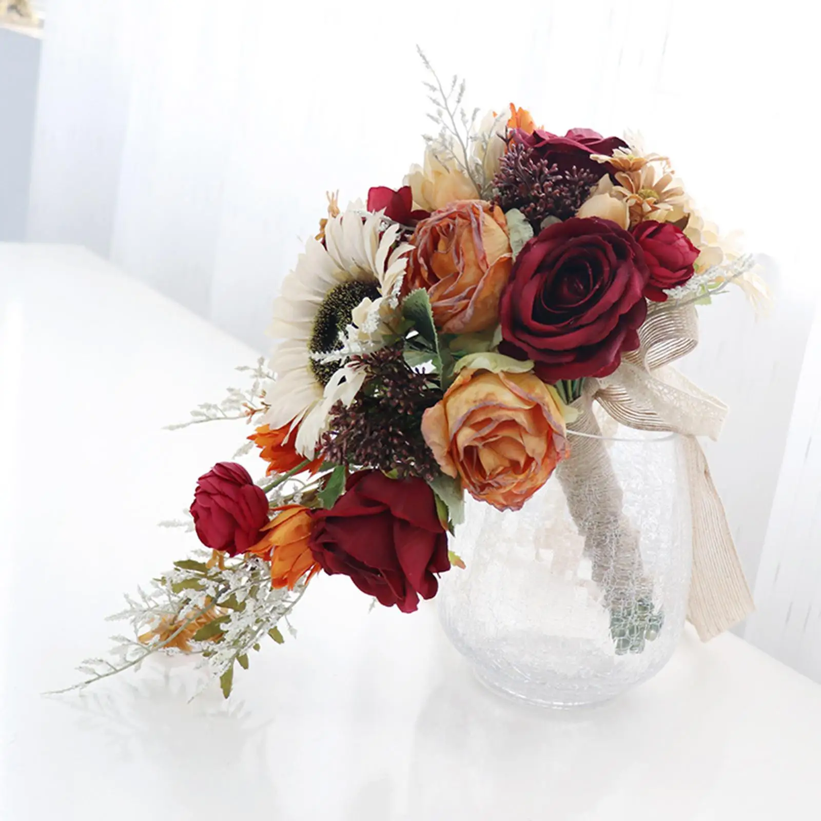 

Romantic Wedding Bride Bouquet with Green Leaves Bridesmaid Bouquet Artificial Flowers for Church Party Ceremony Supplies Decor