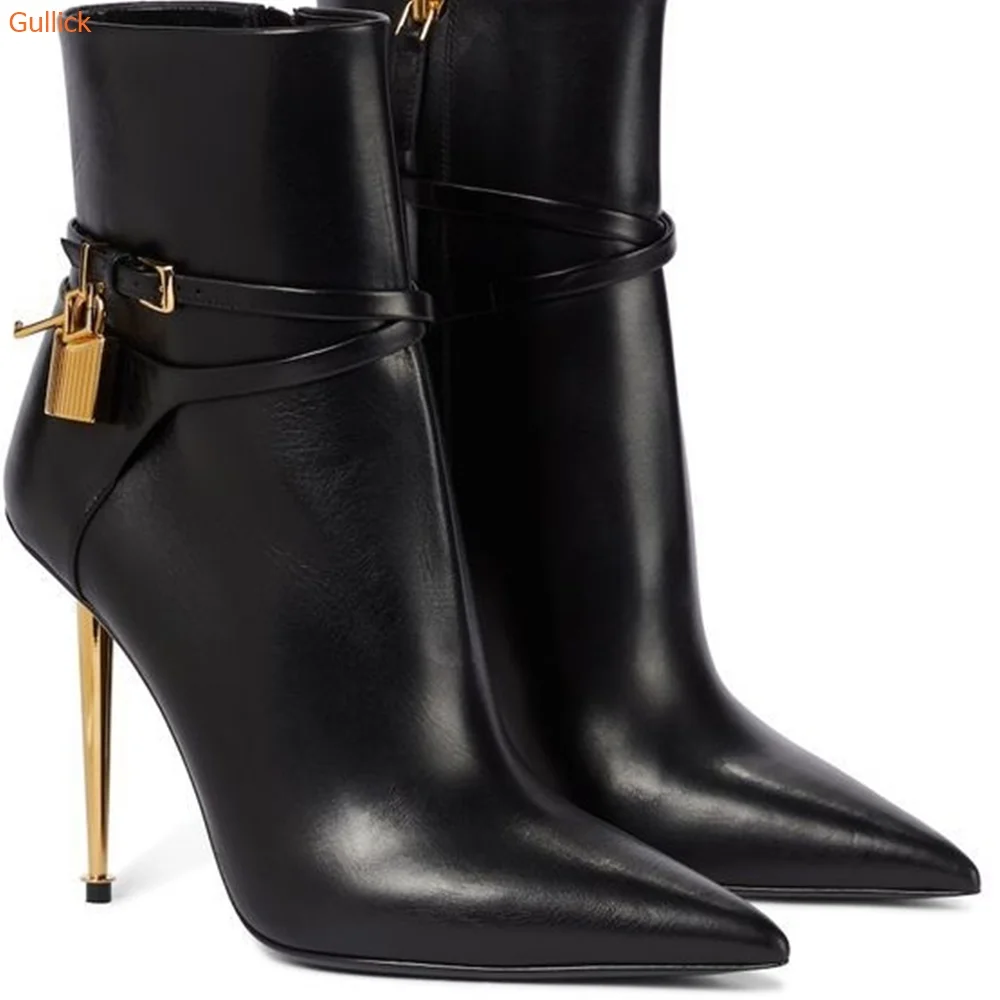 Solid Color Pointed Toe Ankle Boots Gold Lock Metal Heel Stiletto Heel 10CM Women Patent Leather Suede Short Boots 44 SIZE