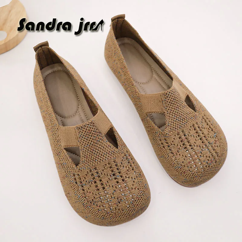

Loafers T-strap Casual Shoes Spring Summer Knits Sneakers Women Wide Head Hollow-out Mocassins Shoes Flat Heel Sandals