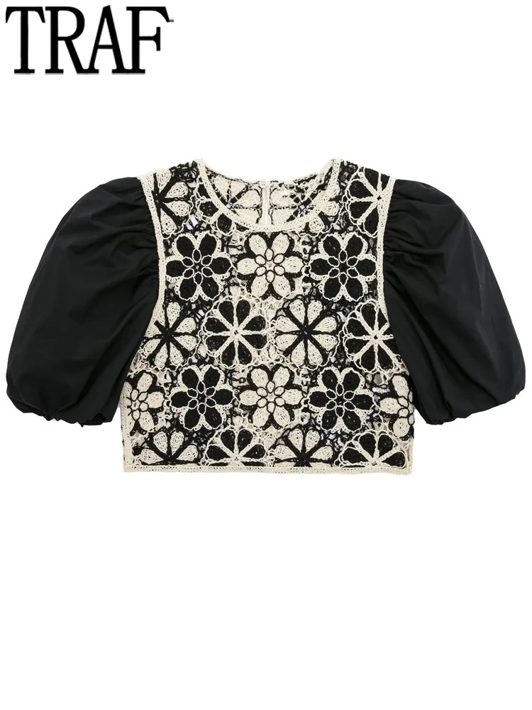 

TRAF Black Crochet Top Female Cut Out Knit Crop Top Women Floral Short Puff Sleeve Summer Blouses Woman 2022 Vintage Blouse