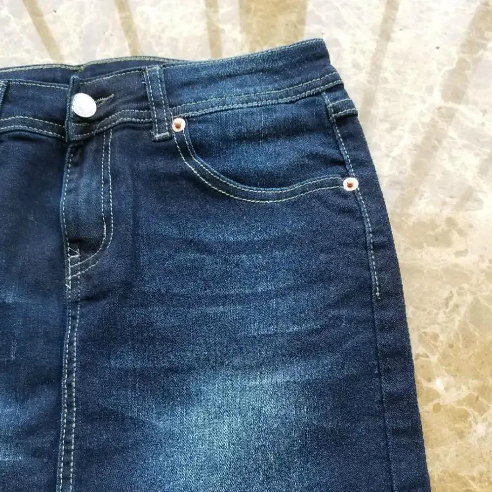 Летние офисные женские хлопковые Брендовые синие джинсовые юбки