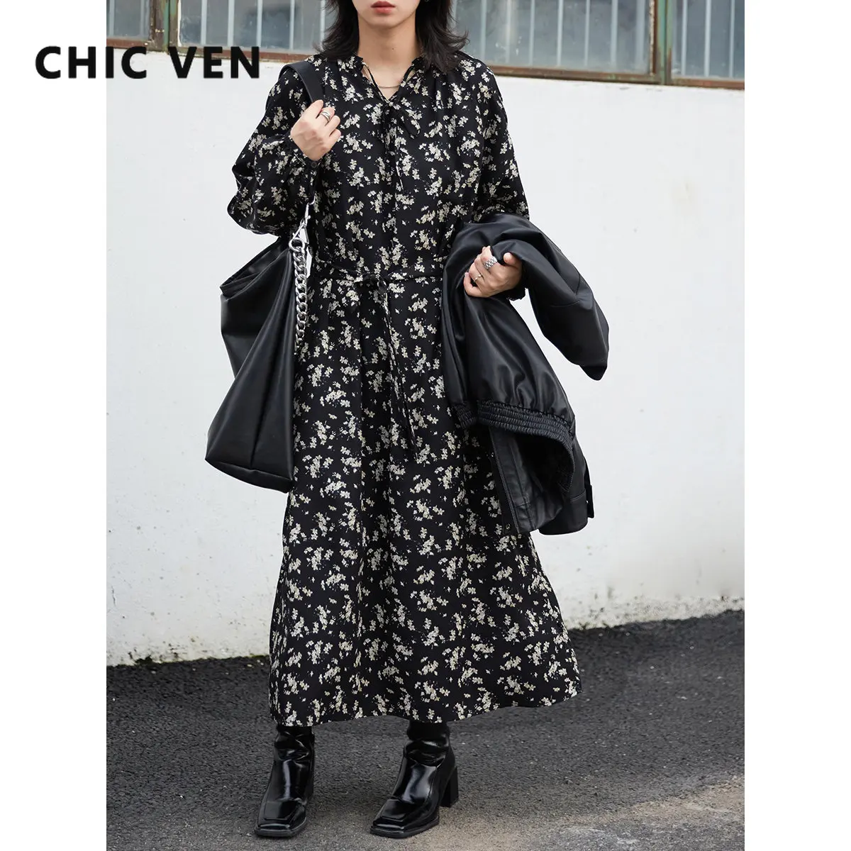 

CHIC VEN Women's Dresses Vintage Korean V Neck Lantern Sleeve Floral Dress Woman Coat Office Ladies Clothes Spring Autumn 2022
