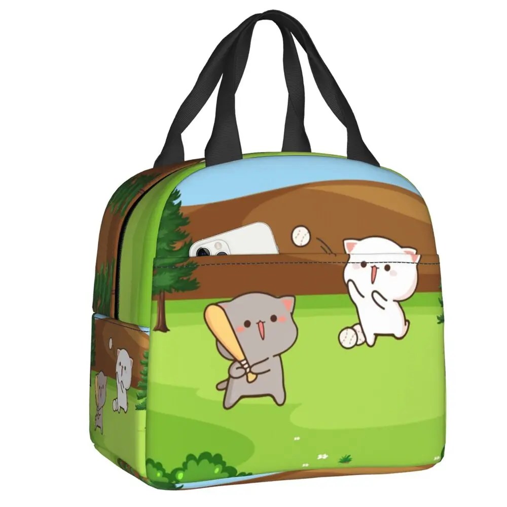 

Peach And Goma Playing Baseball Insulated Lunch Bags for Work School Mochi Cat Resuable Cooler Thermal Lunch Box Women Children