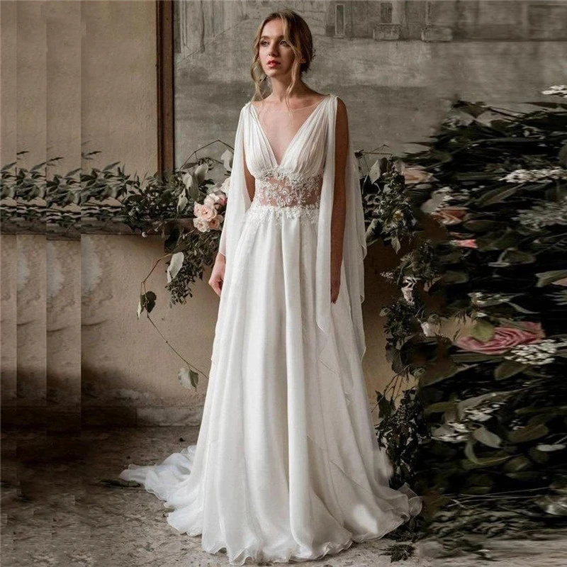 

Chenxiao A-line Wedding Dresses Bohemia V-neck Sleeveless Backless Lace Ivory White Appliques Bridal Gowns Vestido de novia