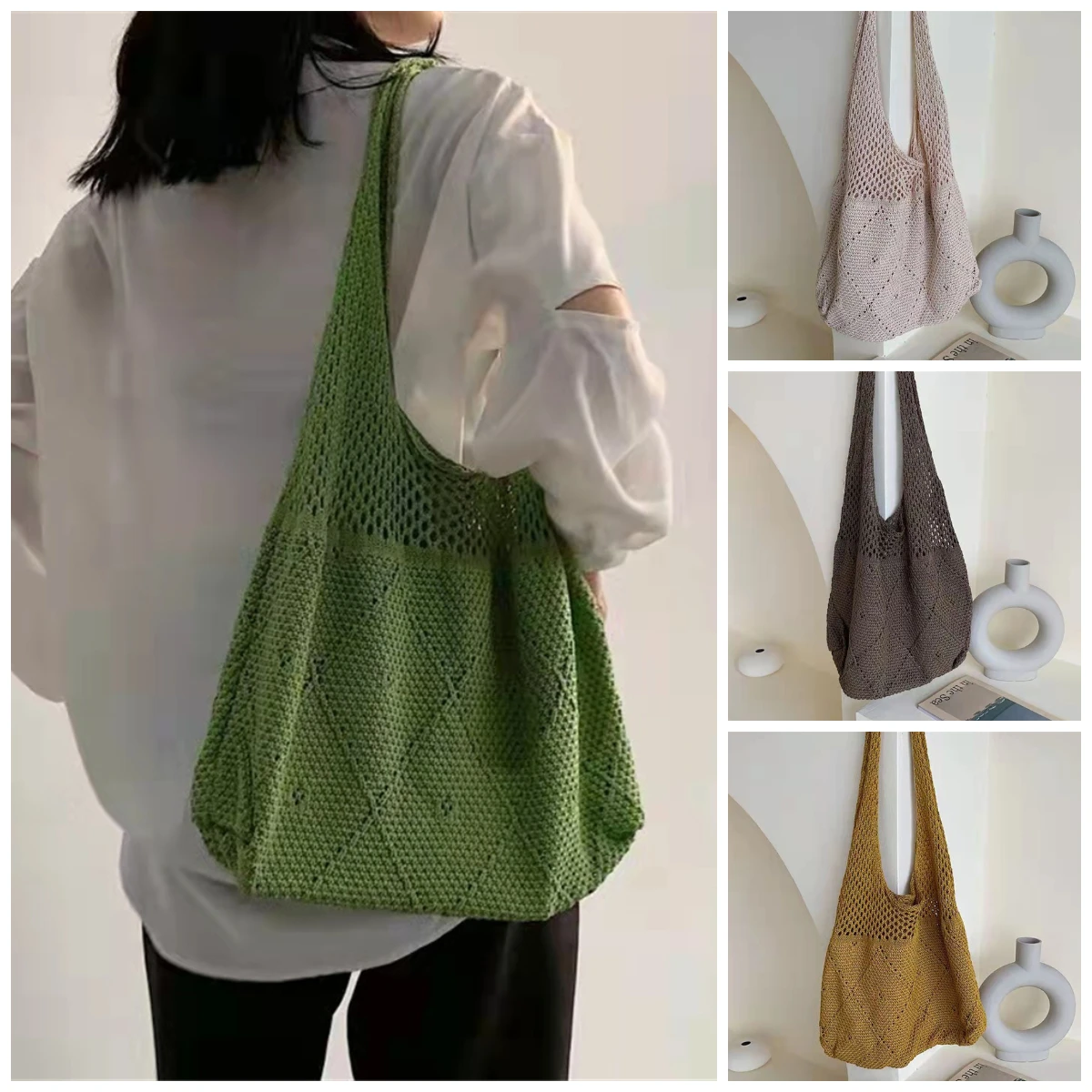 

Large Capacity Summer Shopping Bag Female Knitted Handbags Casual Hollow Woven Beach Bag Women Shoulder Bags