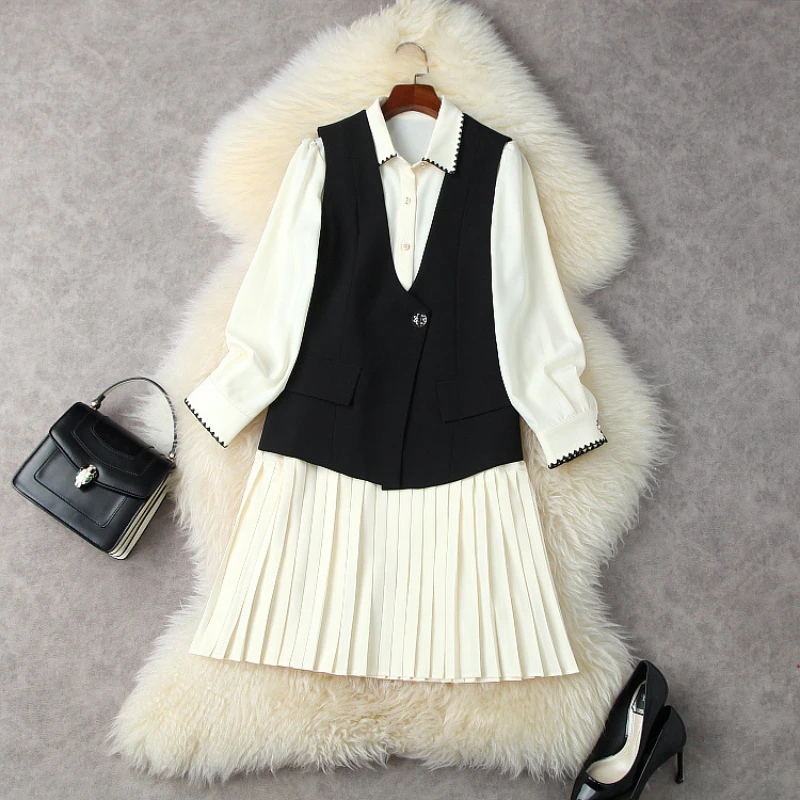 

2022 New Two Pieces of Fashionable Long-sleeved Lapel Pleated Dress European and American Women's Wear Spring Party Dress