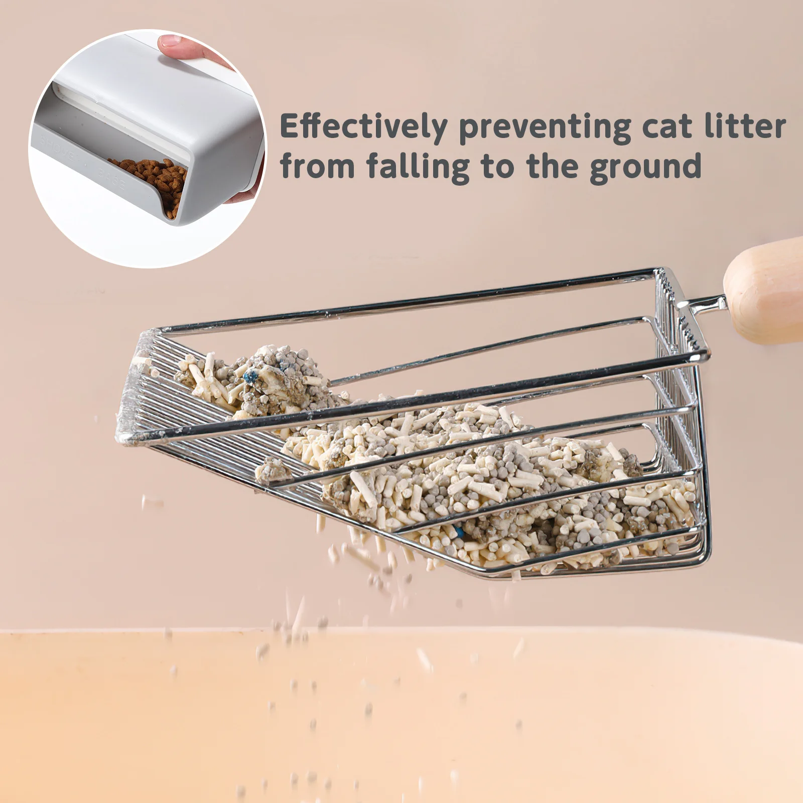 Совок для кошачьего туалета с большой деревянной ручкой ((набор) Серый)