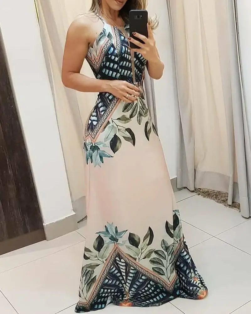 

Summer Long Party Dress Women's Slim Fit Floral Print O Neck A Line High Waist Dress