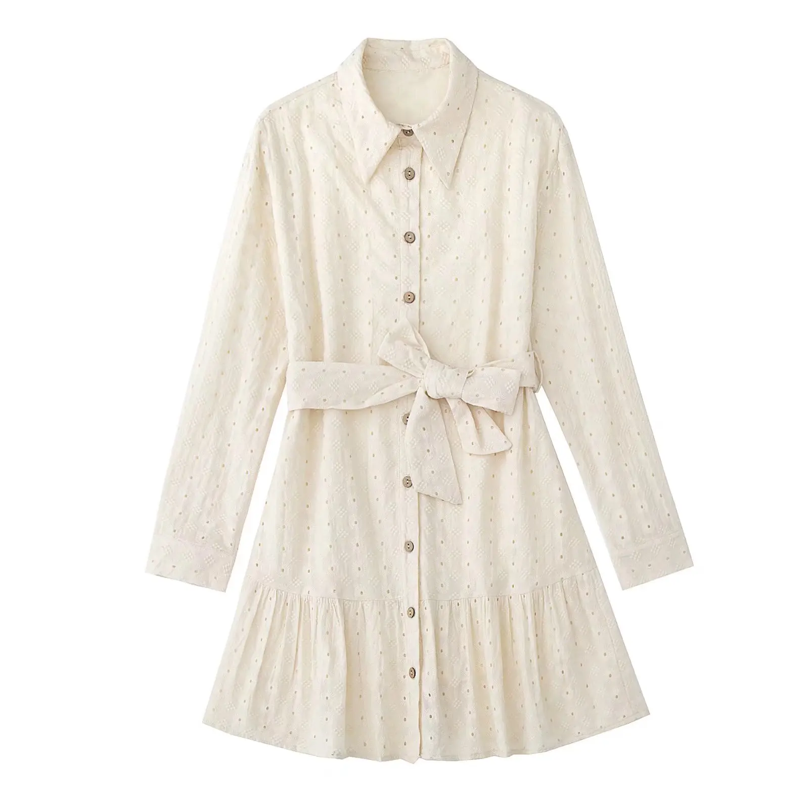 

2022 Women Fashion White With Belt Hollow out Embroidery Ruffled Dress Vintage Long Sleeve Female Dresses Vestidos