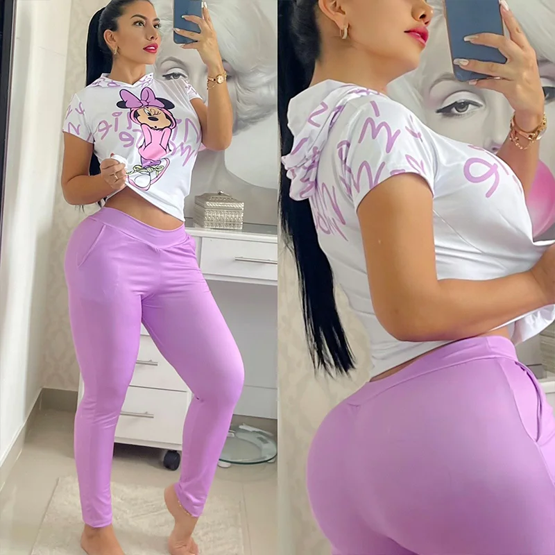 

Disney Minnie Mouse Cartoon Print Hooded Short Sleeve Top Trousers Two Piece Women Tight Sportswear Set 2022 Women