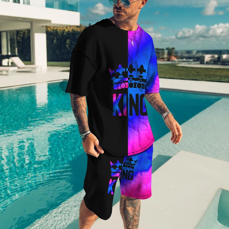 

Summer Retro 3D Crown KING Printing Large Size Casual Men's T-Shirt Short Sleeve + Shorts 2 Piece Hip Hop Street Breathable Suit