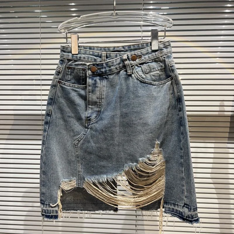 

PREPOMP 2022 Spring New Arrival Irregular High Waist Riped Holes Blue Short Bodycon Denim Skirt Women Bottom GD855