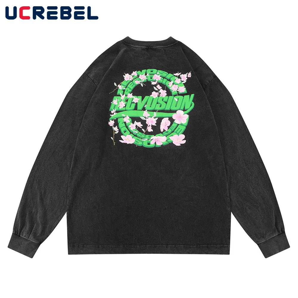 

Letter Print Long Sleeve T-shirt Mens Washed Distressed Loose Round Neck Cotton Tee Autumn Streetwear Flowers Casual Men Top