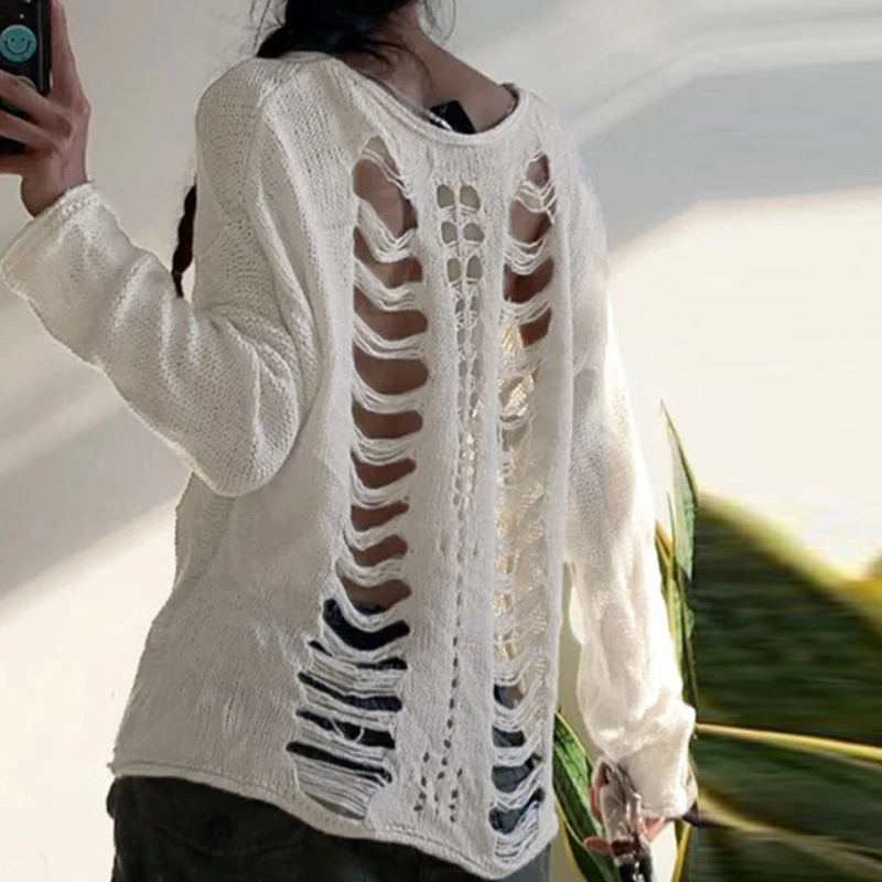 

Свитер с открытой спиной в стиле Харадзюку, свитер с вырезами в готическом стиле для E-girl, пуловеры в готическом стиле, осенняя свободная футболка с длинным рукавом, уличная одежда Y2K