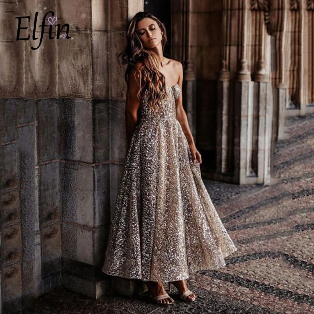 

Elfin Sparkly Gold Sequins A Line Long Evening Dresses Sweetheart Ankle Length Formal Prom Gowns