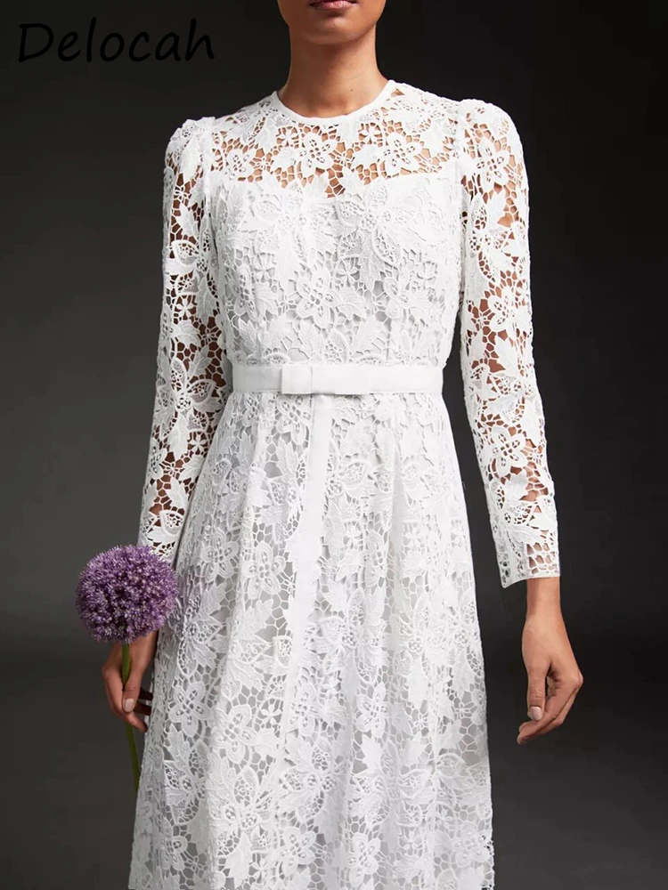 Женское платье макси Delocah белое кружевное с длинным рукавом и бантом высокой