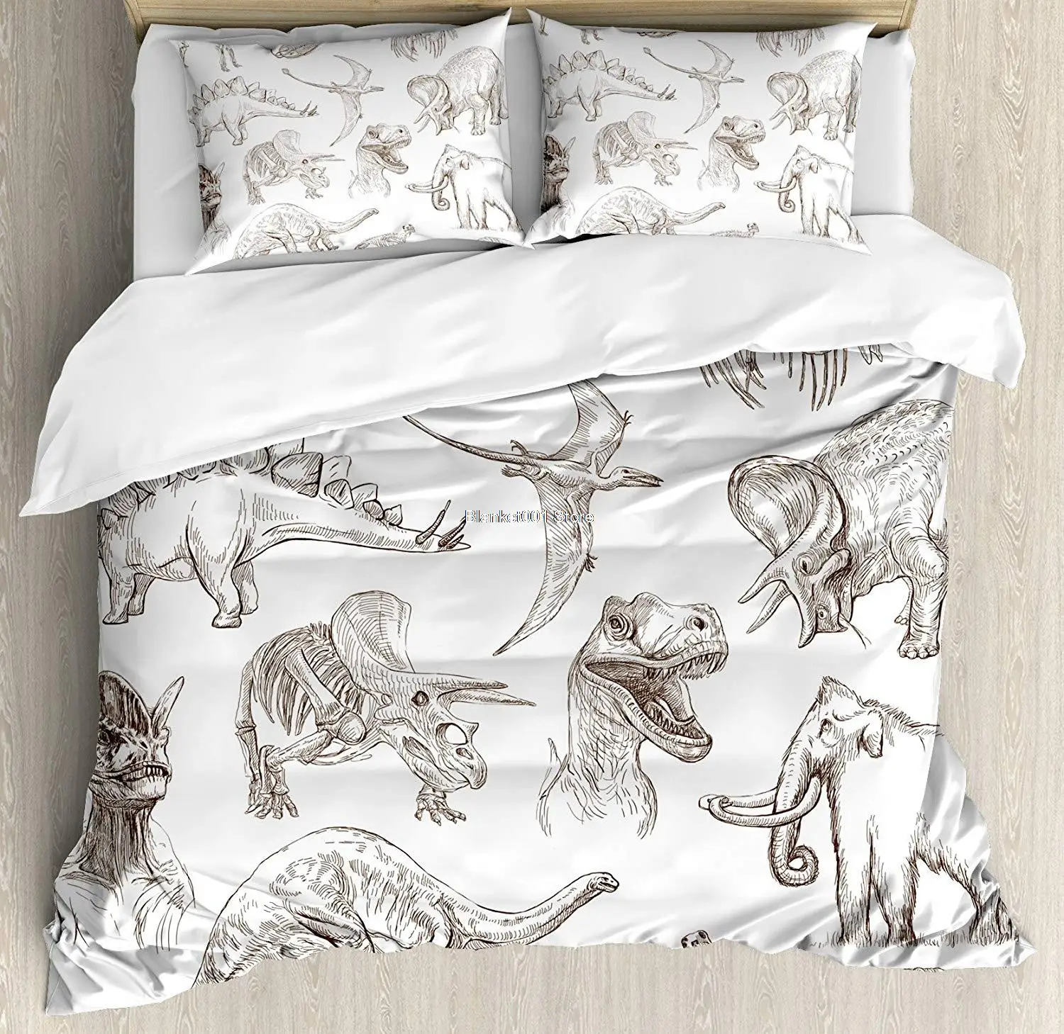 

Jurassic Duvet Cover Set Arrangement of Various Dinosaurs Illustrations Skeleton Biology Historic Decorative 3 Piece Bedding Set