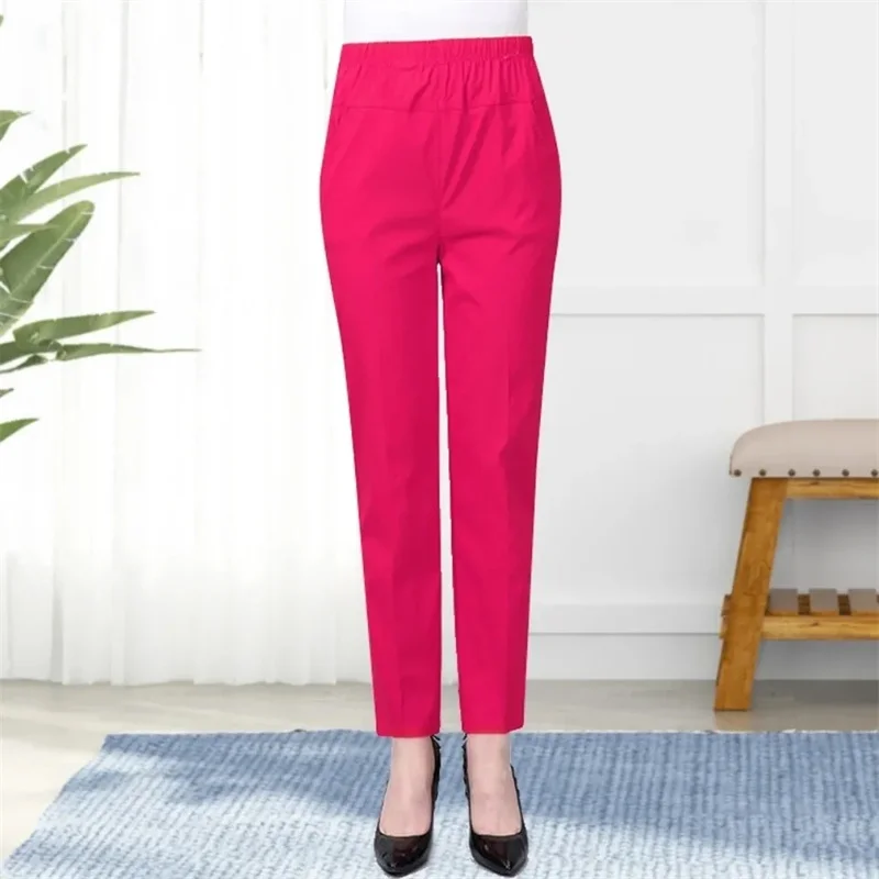 Однотонные эластичные женские брюки с высокой талией для мам осенние