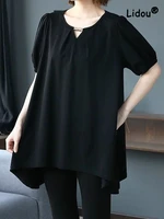 elegance solid color extra large womens clothing top short sleeve loose asymmetrical round neck thin medium and long t shirt