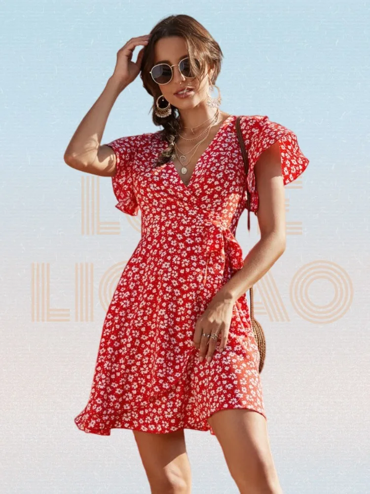 

Red All Over Print Ruffle Trim Tie Side Wrap Dress Summer Ditsy Floral Flying Sleeve Belted Dress V-neck Irregular Boho Dresses