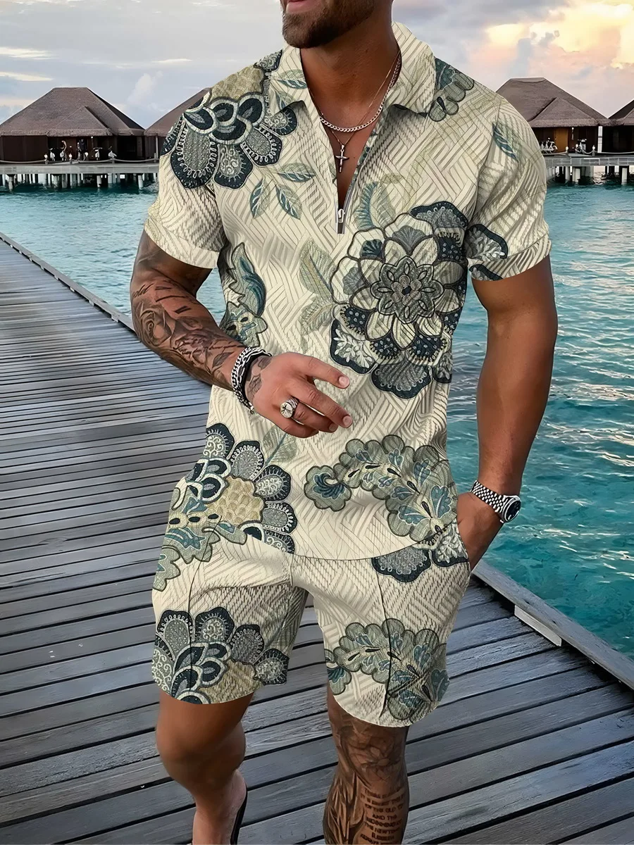 

New Floral Polo Men Shirt Set 3d Tracksuit Fashion Poloshirt Print Casual Mens Clothing Summer Zipper Shirt&shorts 2 Pces Suits