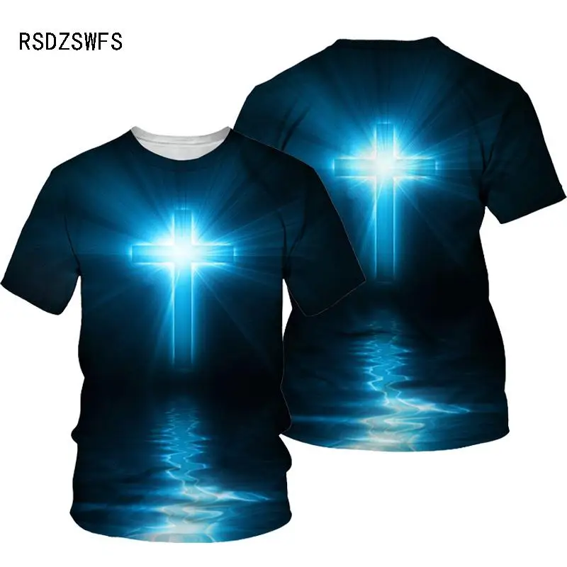 Купи 3D Cross Print Men T-shirt Jesus 2021 Summer O Neck Short Sleeve Tees Tops Christian Style Male Clothes Fashion Casual T-shirt за 275 рублей в магазине AliExpress