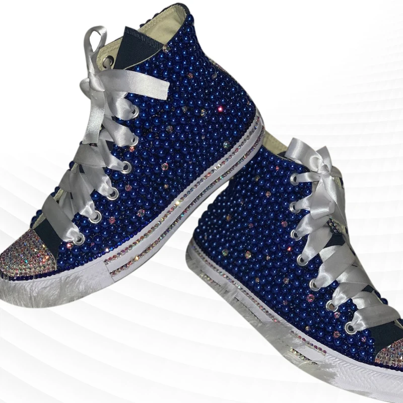 

Trend blue pearl fashion color matching high top canvas shoes popular comfortable casual sneakers