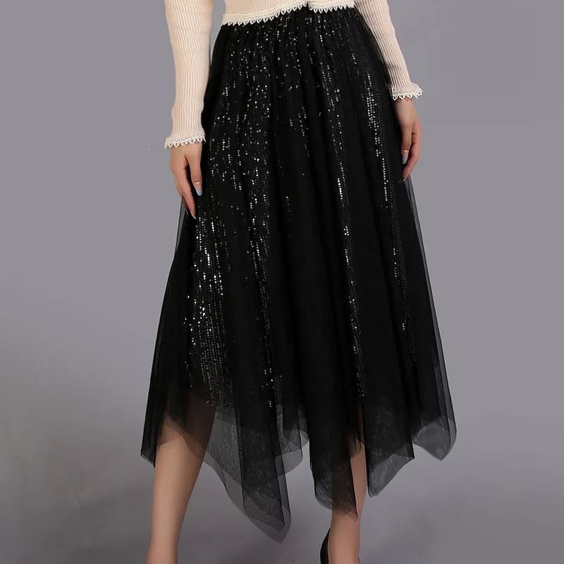 2023 new mesh sequin skirt women's irregular high waist mid-length mesh skirt autumn and winter gauze skirt women's model