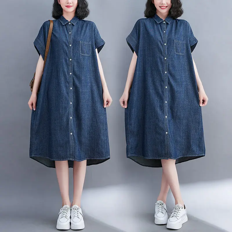 

Женское джинсовое платье с коротким рукавом, свободное Повседневное платье-рубашка средней и длины из денима в стиле ретро, модель Z553 большого размера на лето, 2023