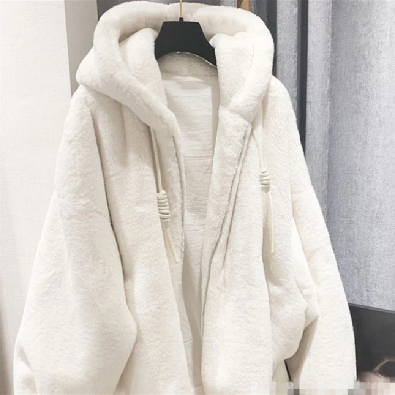 

2022 Autumn Winter Lamb Fur Coat Outerwear Female Imitation Rex Rabbit Fur Hooded Loose Plus Size Jacket Women Parka Oversized
