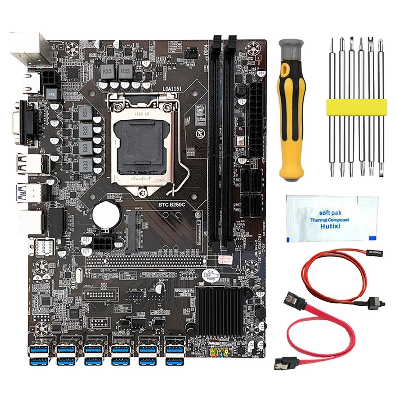 

Оригинальная материнская плата для майнинга BTC с отверткой + термопаста + кабель переключателя 12 слотов USB 3,0 LGA1151 DDR4 RAM SATA3.0 + MSATA