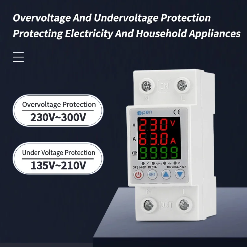 63A 230V 3IN1 Дисплей Din-рейка Открытый регулируемый реле защиты от перенапряжения