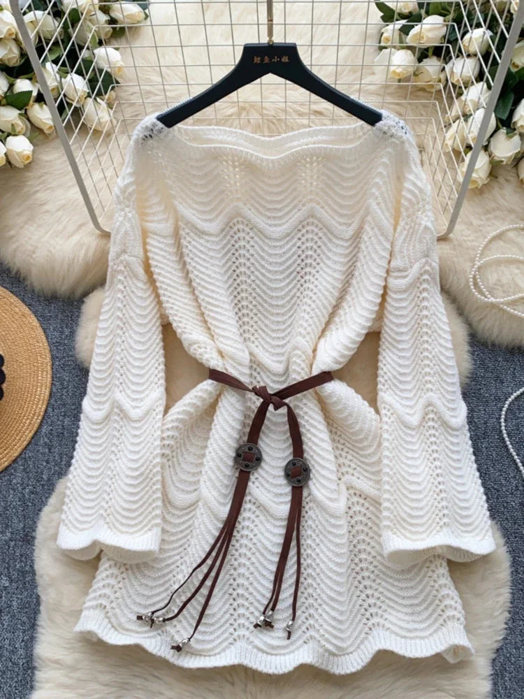 Korean Hollow Sweater Women Autumn Winter Wave Pattern Knitted Female Loose Long Sleeve Pullover Tops