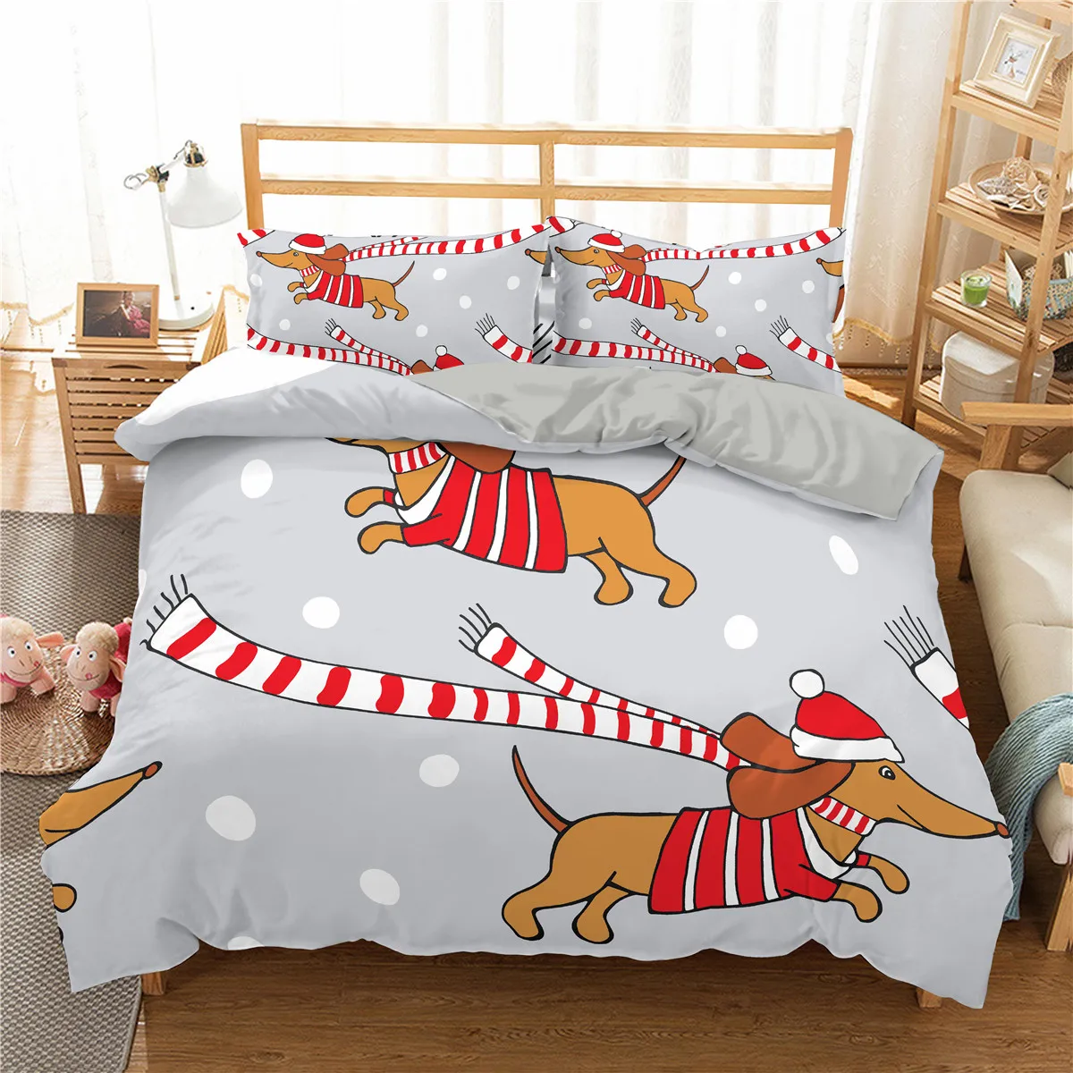 

High Quality Cartoon Microfiber Quilt Cover Sausage Dachshund Dog Bedding Set 2/3pcs Queen King Size Kid Four Seasons Bedclothes