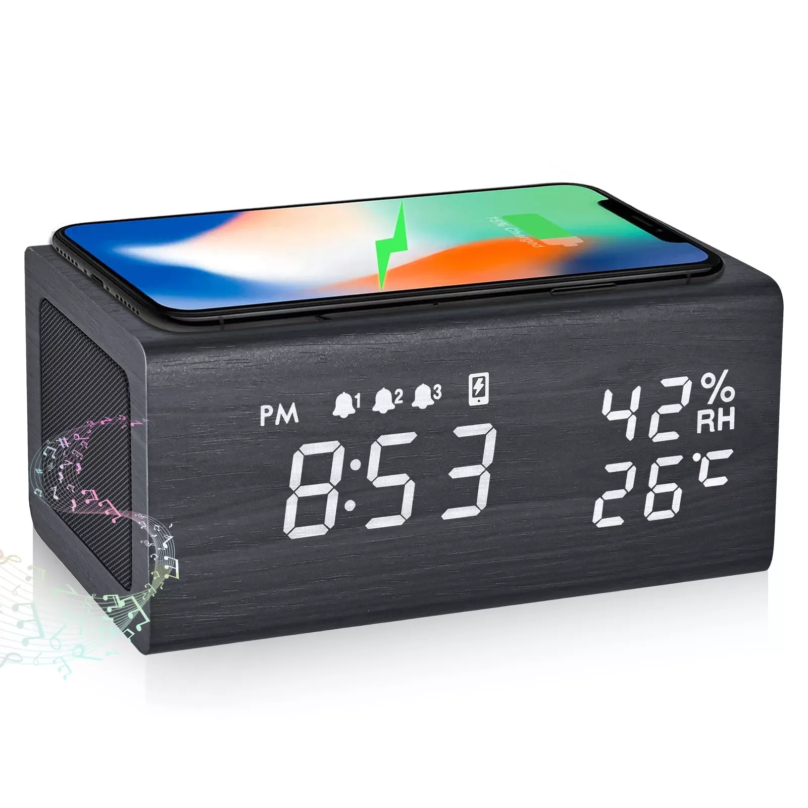 

Digital Alarm Clock Bluetooth Speaker With Temperature And Humidity Wireless Charging Function