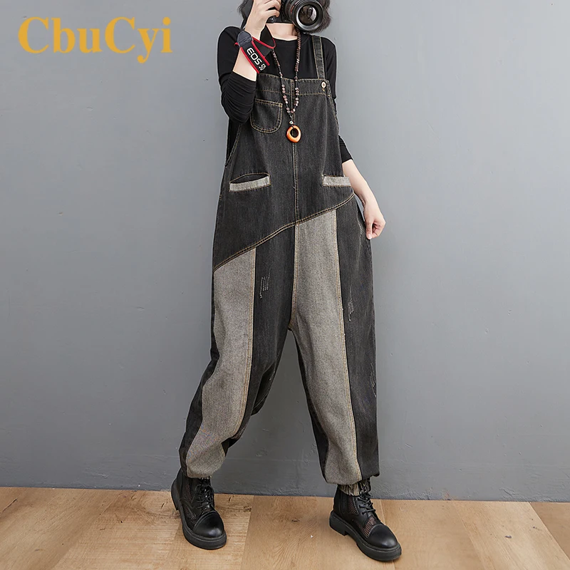 

Женский осенний Новый джинсовый комбинезон со строчкой, корейский комбинезон с широкими штанинами, винтажный джинсовый комбинезон без рук...