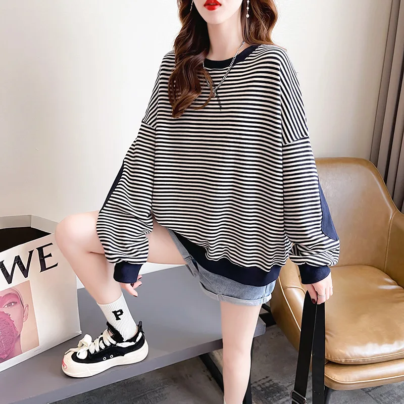 

Yellow Striped Long-sleeved Sweater Women's Autumn 2022 Loose Pullover Shirt Fashion Stitching O Neck Casual Tops Sweatshirt
