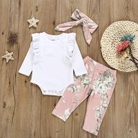 toddler kids baby outfit set girls spring and autumn new long sleeved clothes flower pants hair band three piece childrens suit