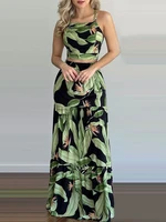 tropical print women summer two piece sethalter sleeveless top skirt set