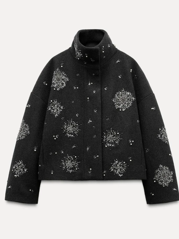 Роскошное шикарное пальто с бисером женское свободное однобортное шерстяное