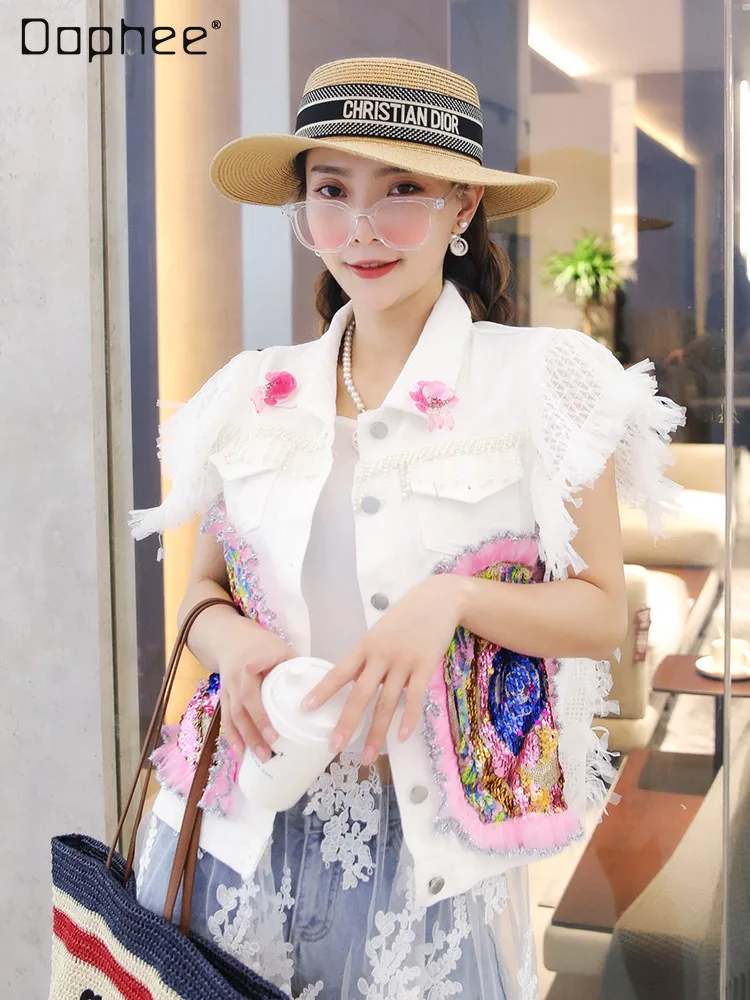 

Women's Summer Sleeveless Denim Sequin Stitching White Vest Coat 2022 Autumn Chic All-Matching Jean Waistcoat Women Outer Wear