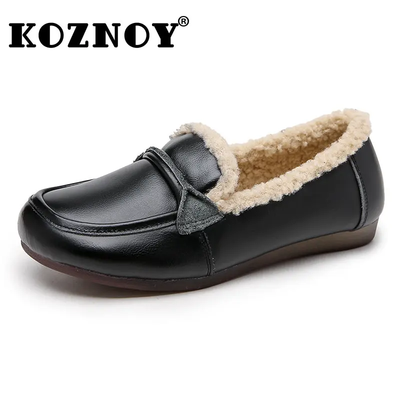 

Koznoy 3cm Cow Genuine Leather Autumn Spring Winter Women Soft Soled Flats Ladies Loafers Summer Slip on Plush Warm Fur Shoes