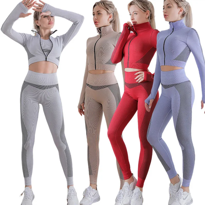 

2 PCS Yoga Set High Waist Tight Pants Gym Clothing Seamless Sportswear For Women Zipper Jacket Tops Leggings Sports Fitness Suit