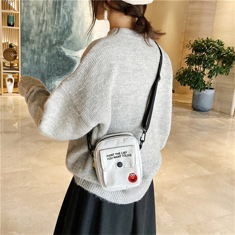 

Korean Women's Shoulder Bag Cartoon Embroidery Canvas Mobile Phone Bag Alphabet Printing Ladies Messenger Bag